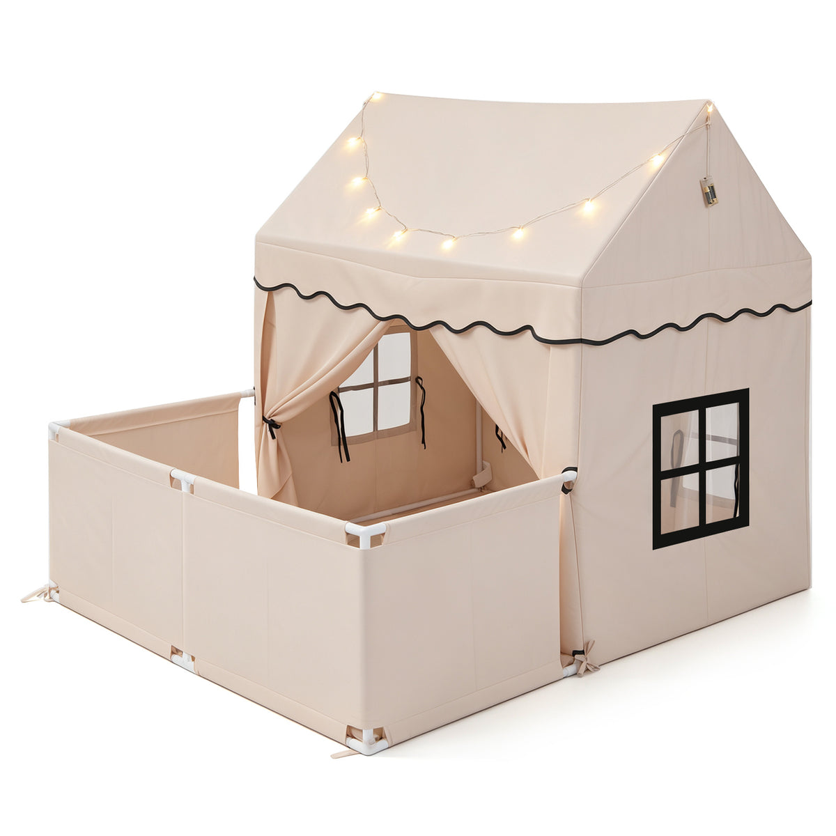 Kids Play Tent with Detachable Playpen and Star Lights in beige with a white frame