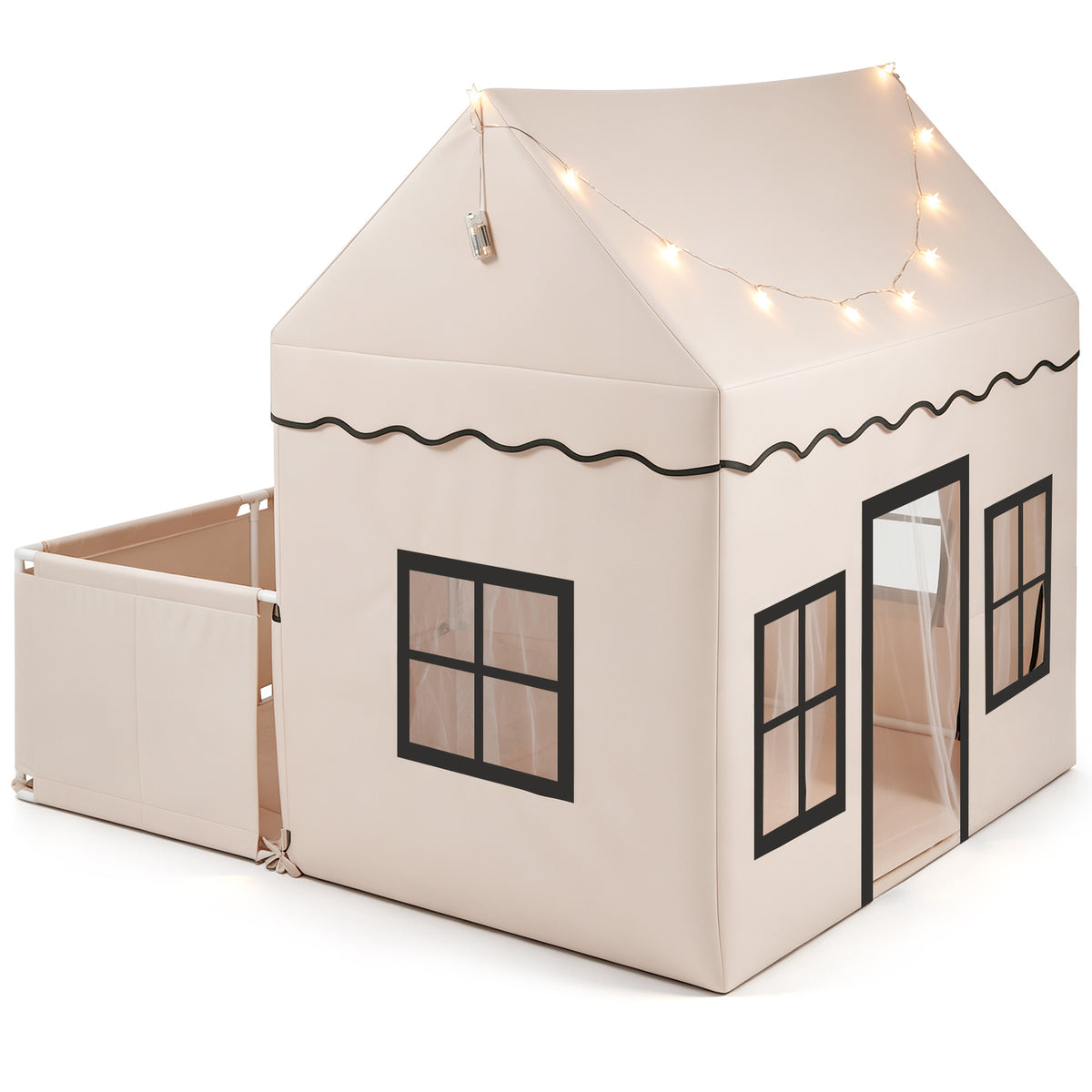 The play tent and playpen viewed from the side showing the beige fabric and black trim