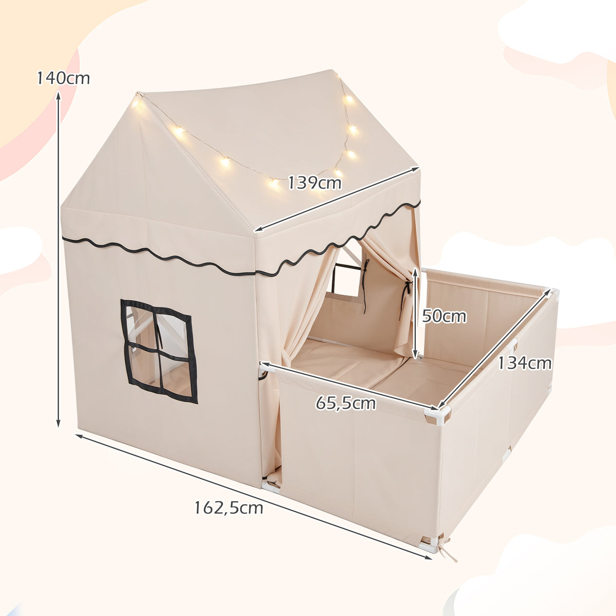 The play tent and playpen with white arrows indicating the dimensions of the structure