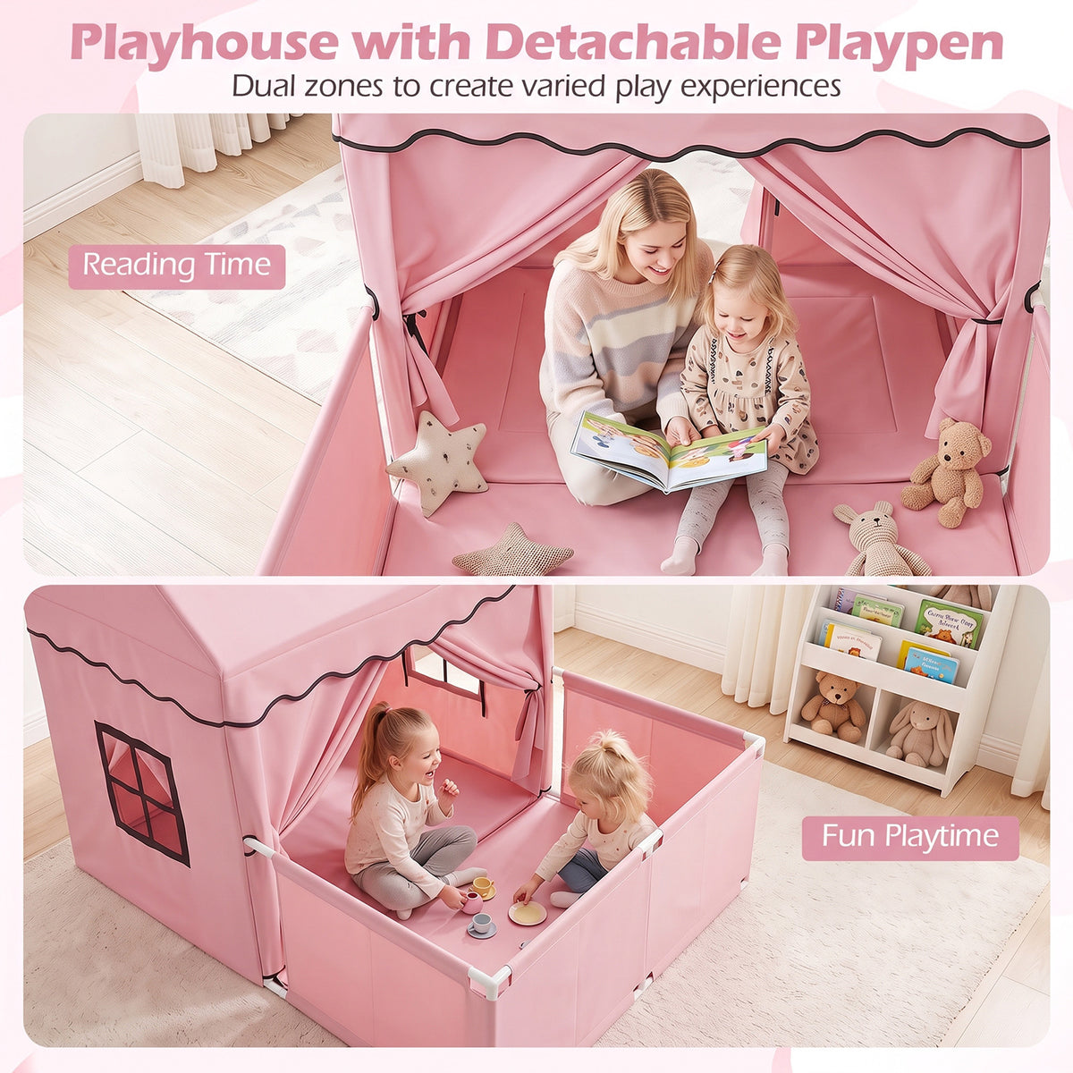 A pink playhouse with detachable playpen, shown with two children playing inside and a mother reading to a child