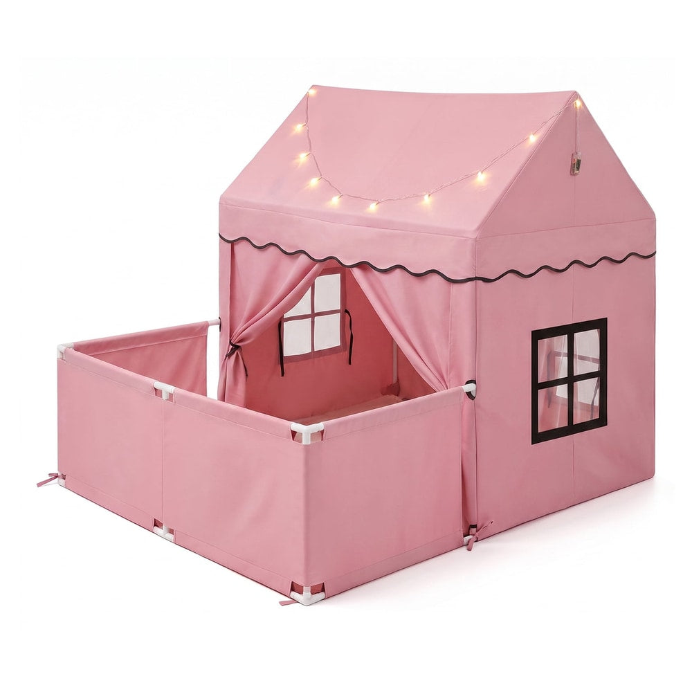 Kids Play Tent with Detachable Playpen and Star Lights, a pink play tent with a detachable playpen and fairy lights