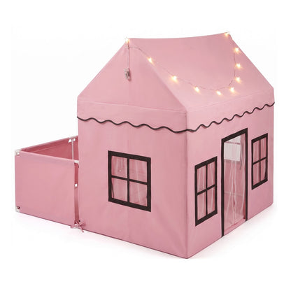 Pink play tent with detachable playpen and star lights, shown from the side with the playpen attached