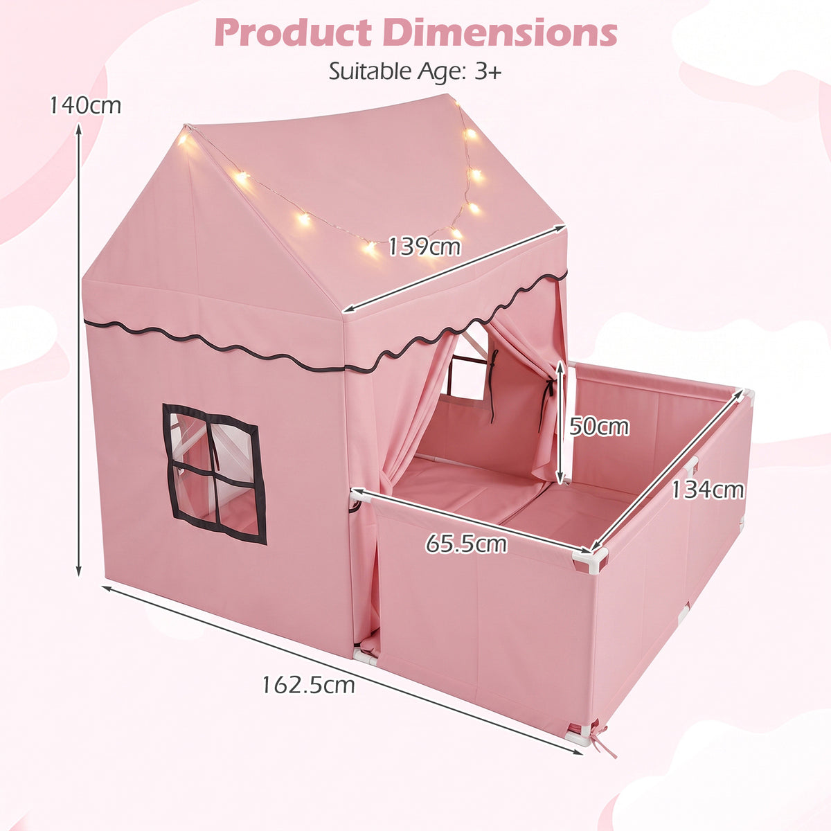 Product dimensions diagram for the pink play tent with detachable playpen and star lights