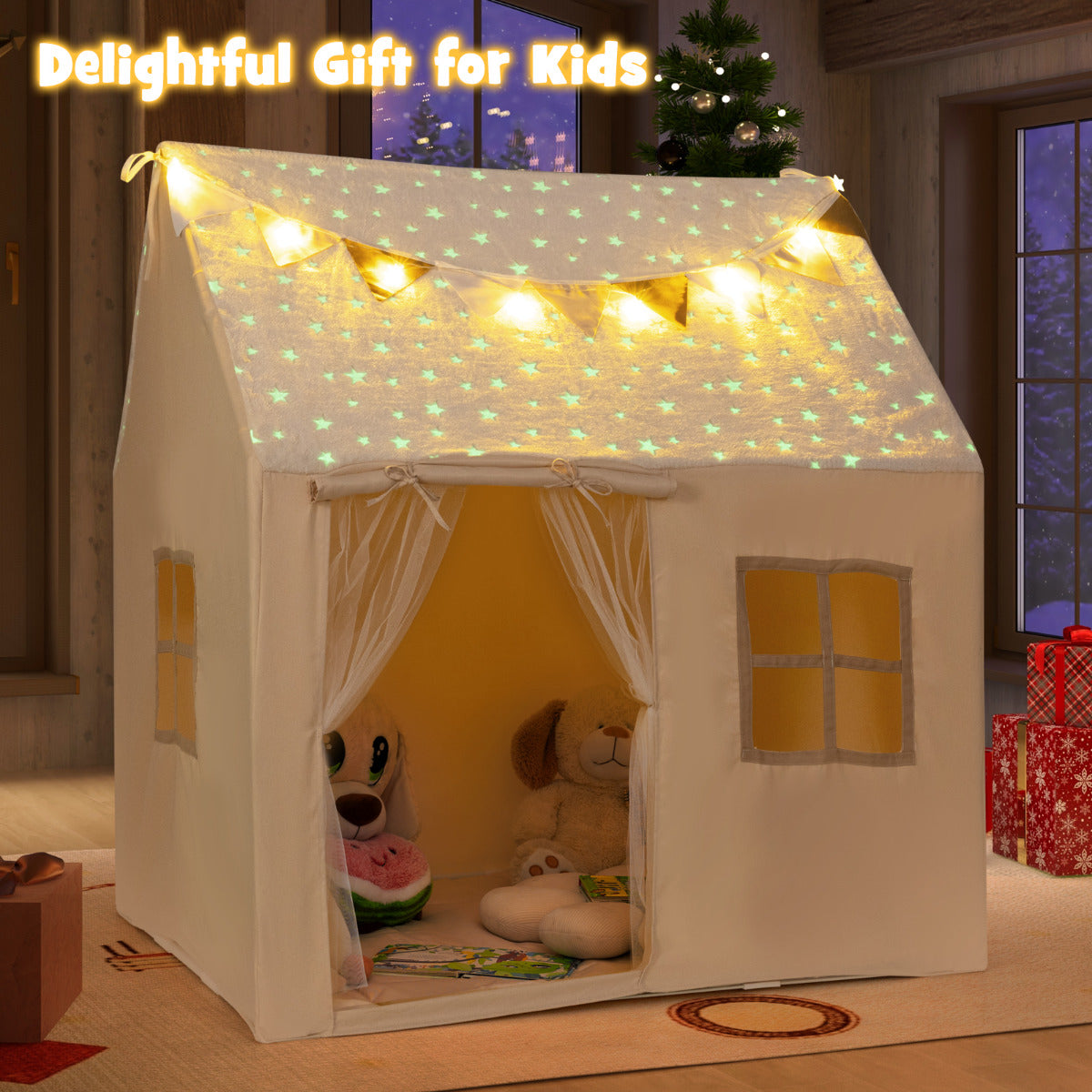 The beige kids play tent glows in the dark with stars on the roof and fairy lights