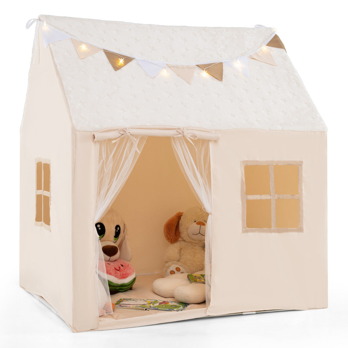 Kids Play Tent with Glow in the Dark Stars beige fabric playhouse with bunting and fairy lights