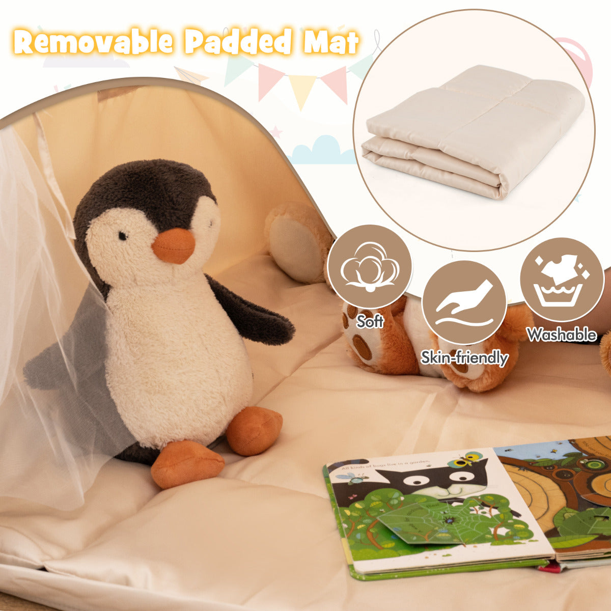 A soft padded mat is included with the beige kids play tent