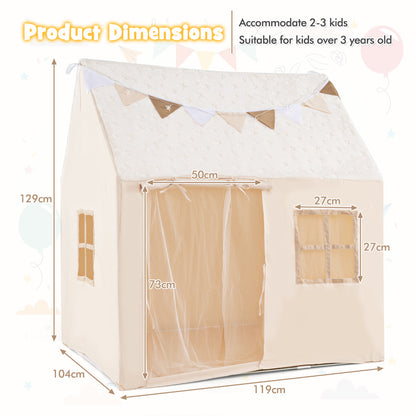 Dimensions of the beige kids play tent showing height and width measurements