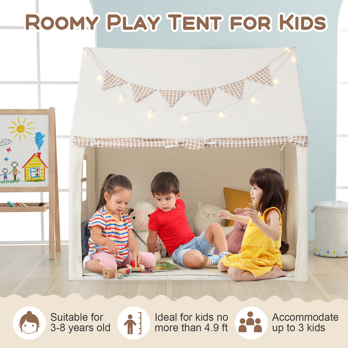 The play tent with three children playing inside, featuring icons about age and capacity