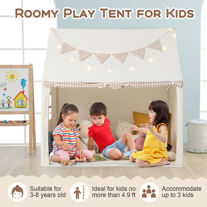 The play tent with three children playing inside, featuring icons about age and capacity