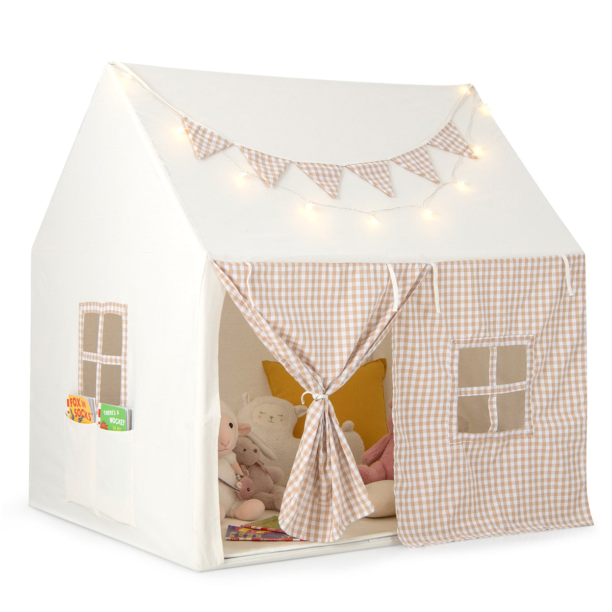 Kids Play Tent with beige gingham curtains and bunting, filled with soft toys and books