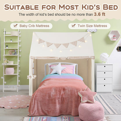 The play tent positioned over a single bed in a child's bedroom with furniture