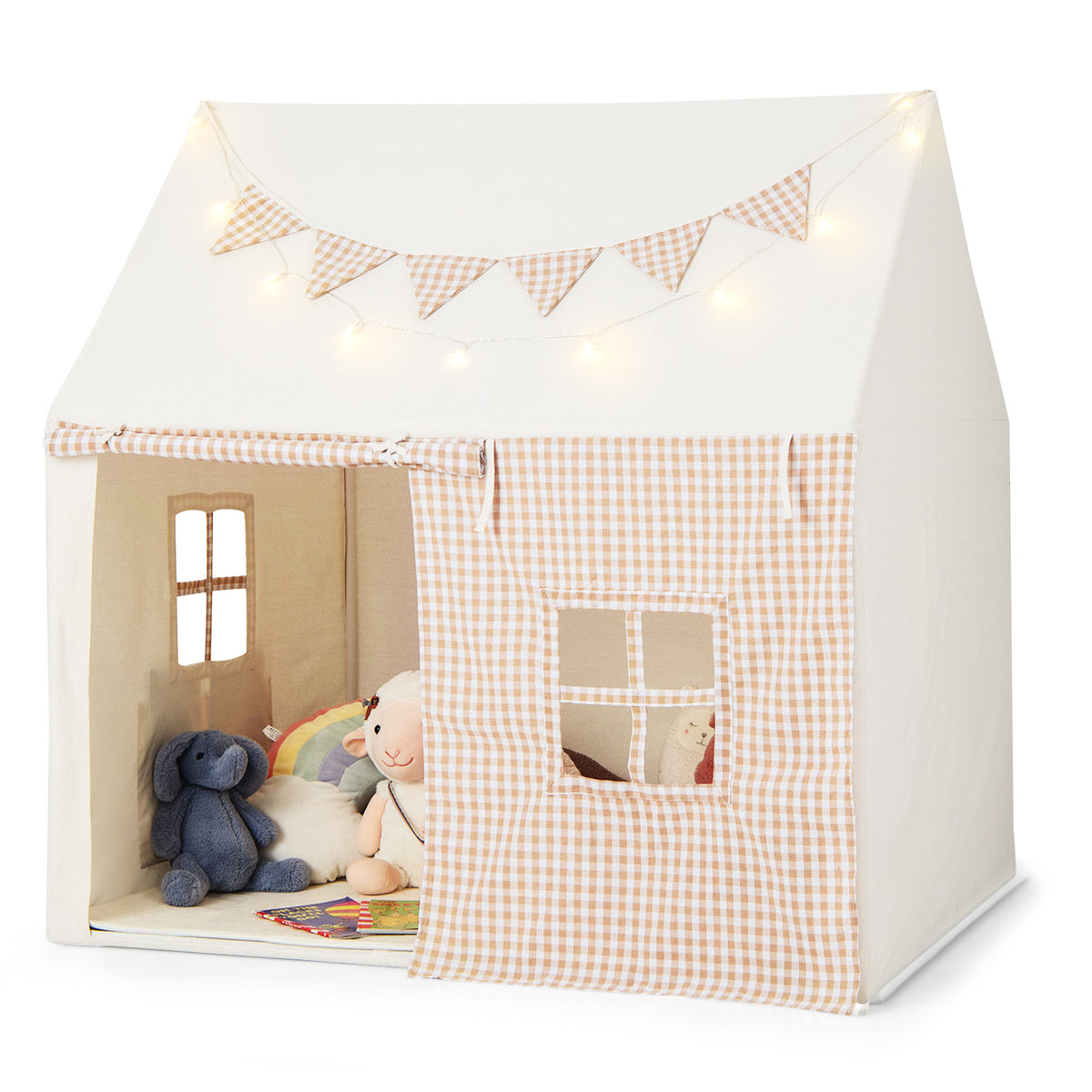 The play tent showing the open front entrance and side window with gingham fabric details