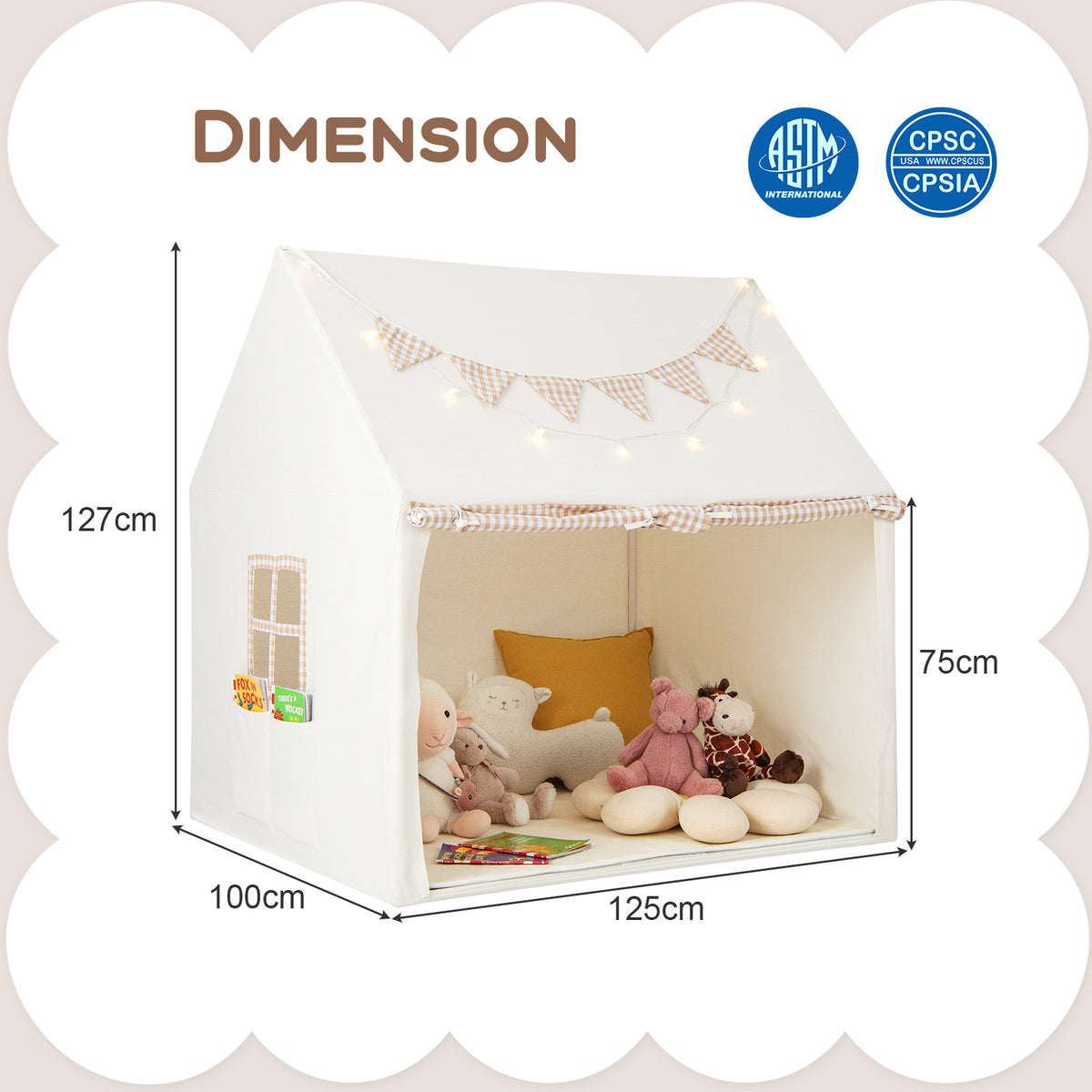 The play tent with arrows indicating height and width measurements against a white background