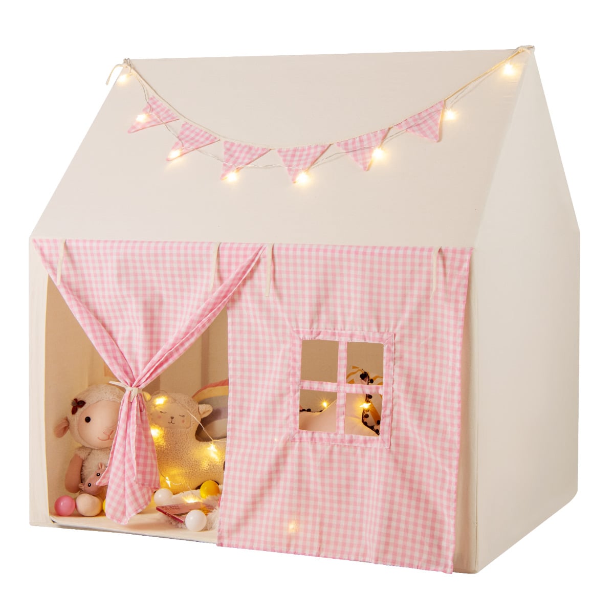 Kids Play Tent decorated with fairy lights and bunting, featuring a pink gingham curtain and window