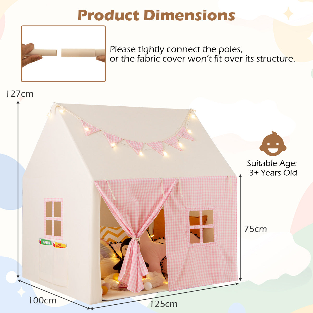 The play tent showing height and width dimensions with a diagram of the pole assembly