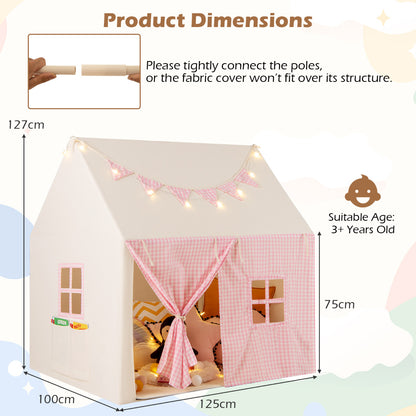 The play tent showing height and width dimensions with a diagram of the pole assembly