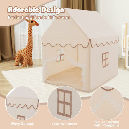 Close-ups of the beige play tent's wavy canopy, cute windows and pompom trim