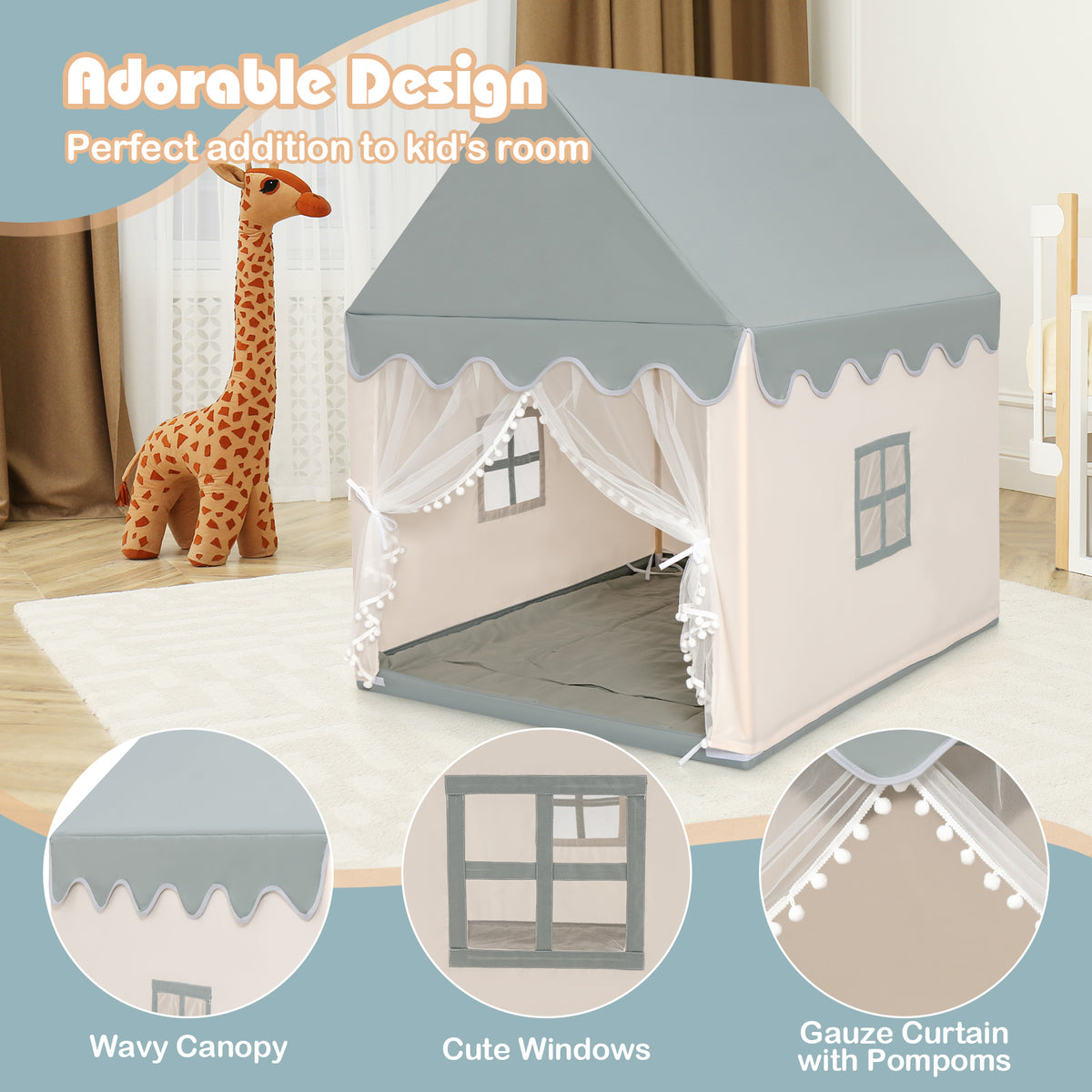 Close-up details of the play tent including wavy canopy, cute windows and gauze curtain with pompons