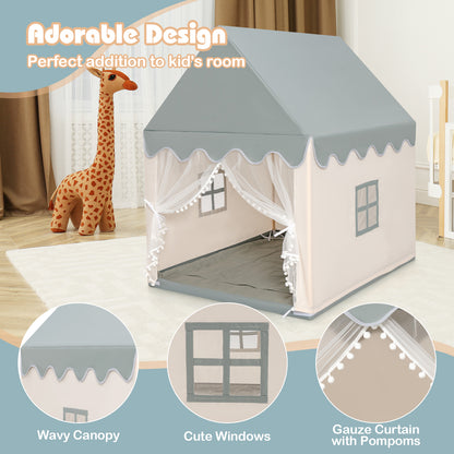 Close-up details of the play tent including wavy canopy, cute windows and gauze curtain with pompons