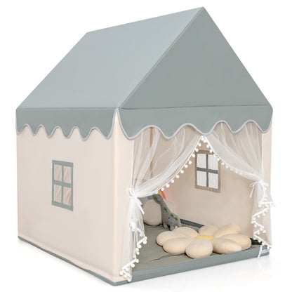 Kids Play Tent with padded mat, a beige and grey indoor playhouse with scalloped trim and lace curtains