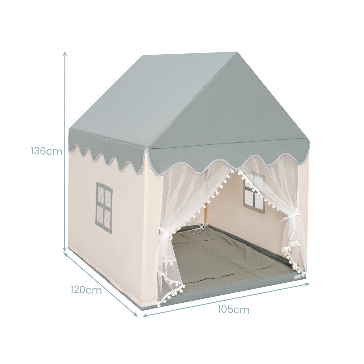 Size diagram of the beige and grey play tent showing dimensions in cm