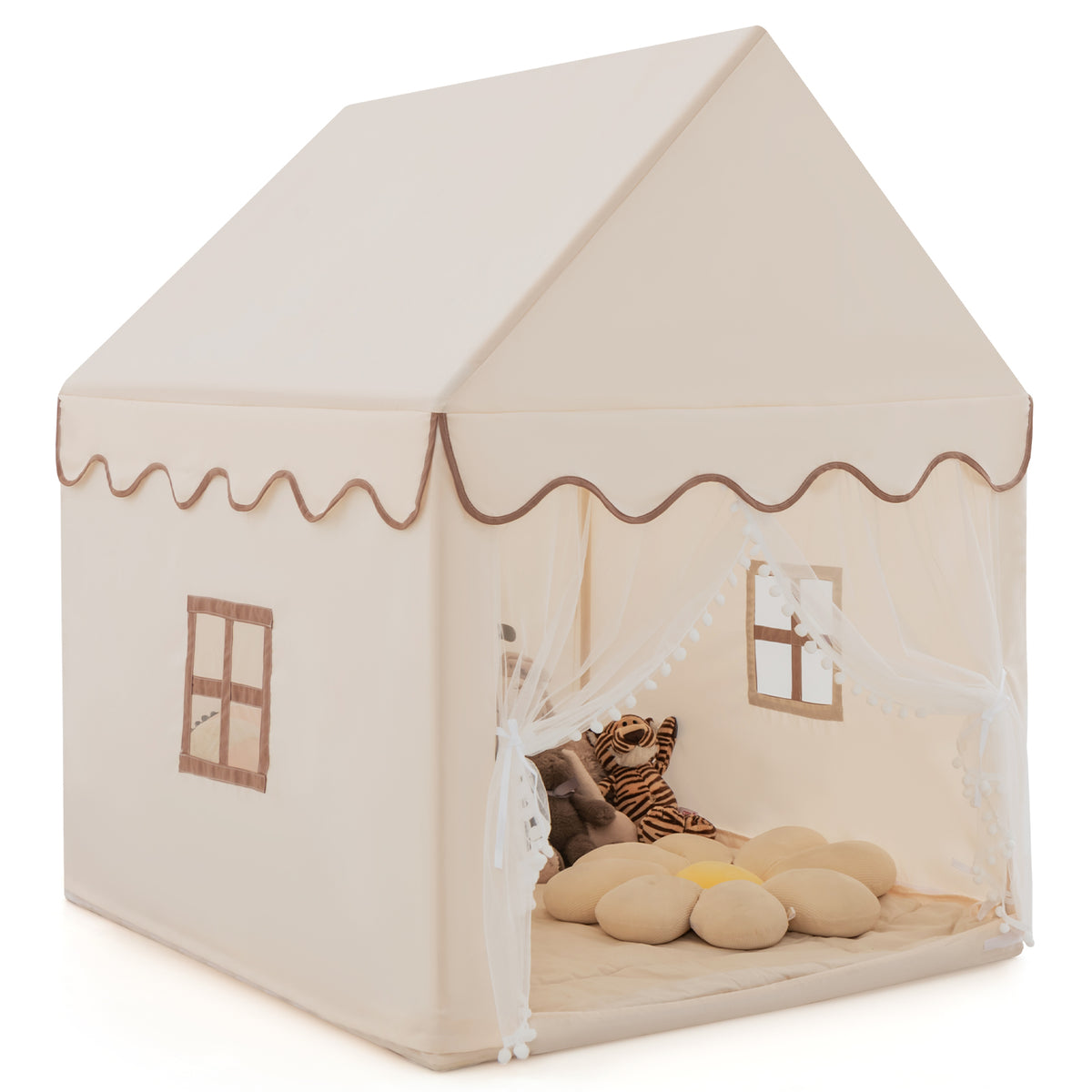Kids Play Tent with Padded Mat Indoor Playhouse, a beige fabric house with brown trim and windows