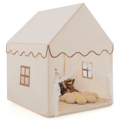 Kids Play Tent with Padded Mat Indoor Playhouse, a beige fabric house with brown trim and windows