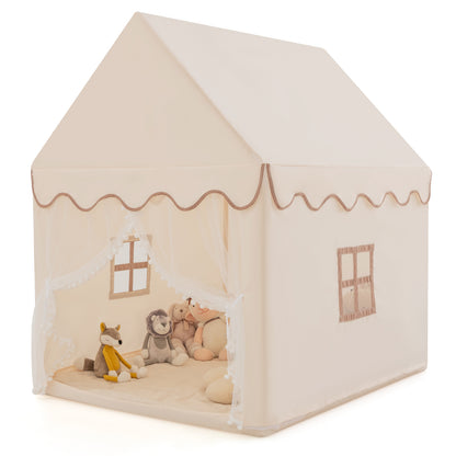A beige kids play tent with stuffed animals inside, viewed from the side