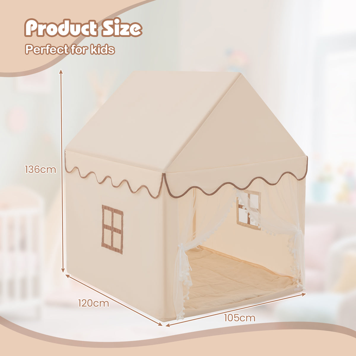 Kids Play Tent with Padded Mat Indoor Playhouse in Beige