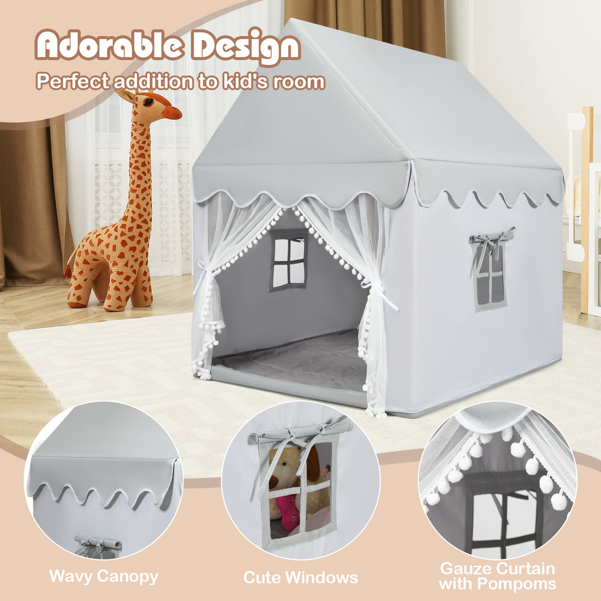 Close-ups of the grey play tent's wavy canopy, cute windows and pom-pom trim