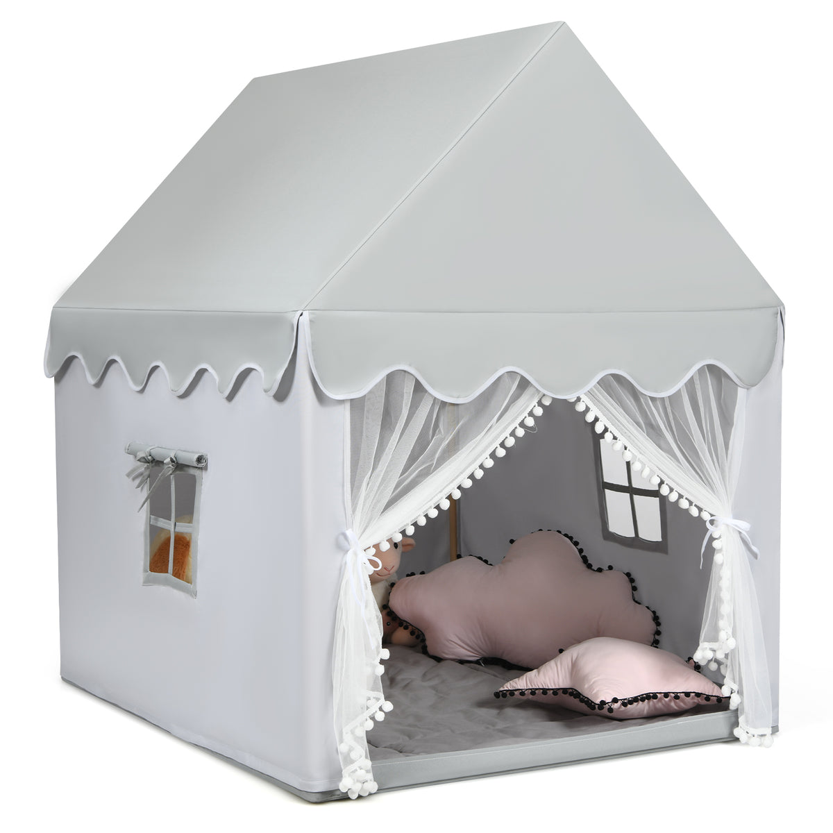Kids Play Tent with Padded Mat Indoor Playhouse, a grey fabric house with white trim and pom-poms