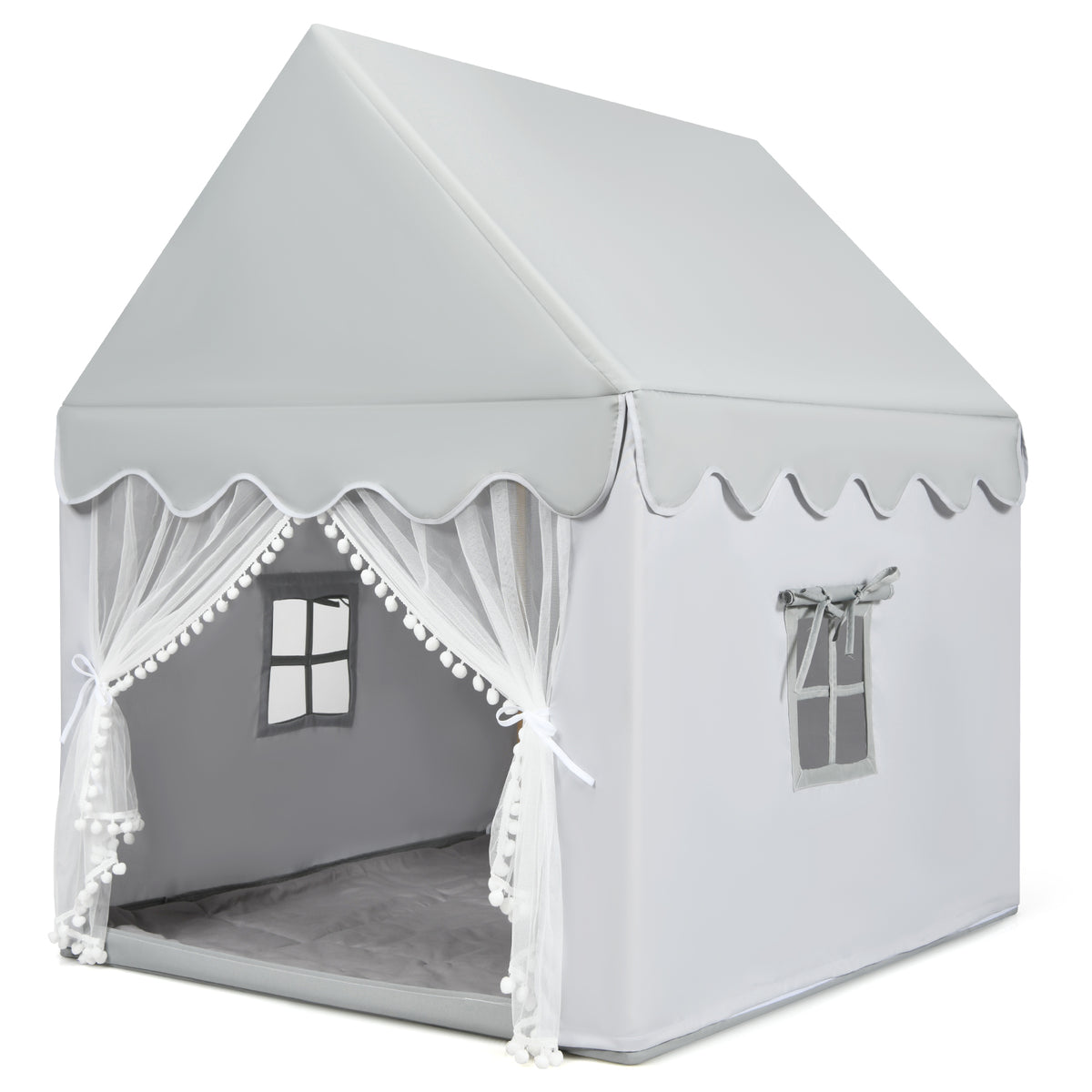 A grey fabric play tent with white trim and pom-poms, featuring two windows