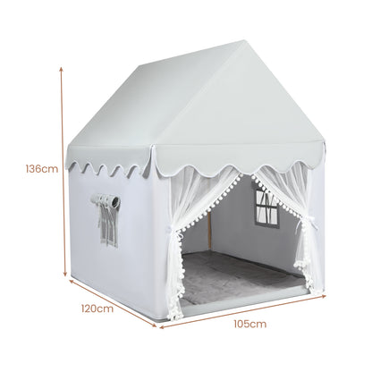Grey play tent with dimensions indicated by arrows and text