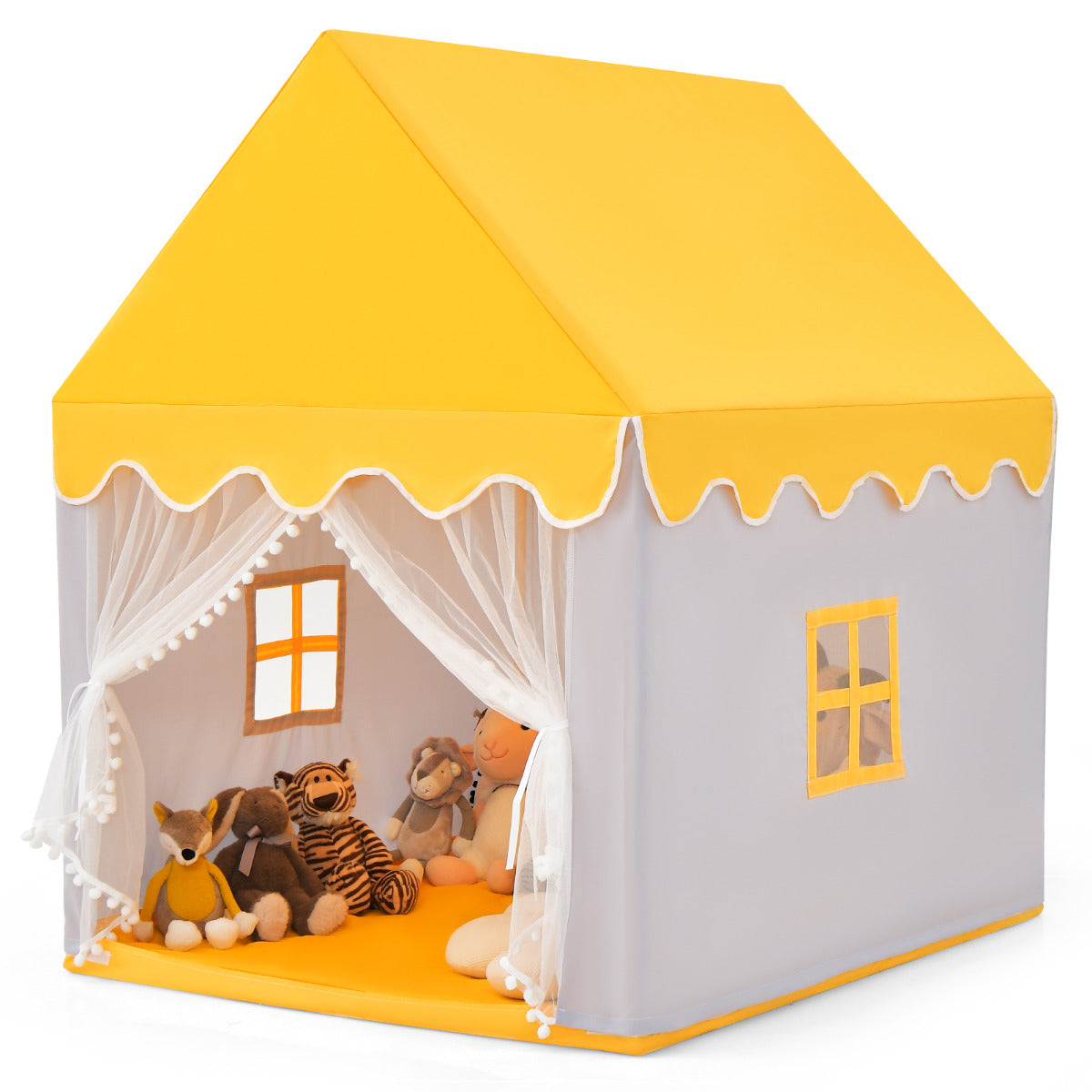 The play tent with stuffed animals inside, showing the interior details