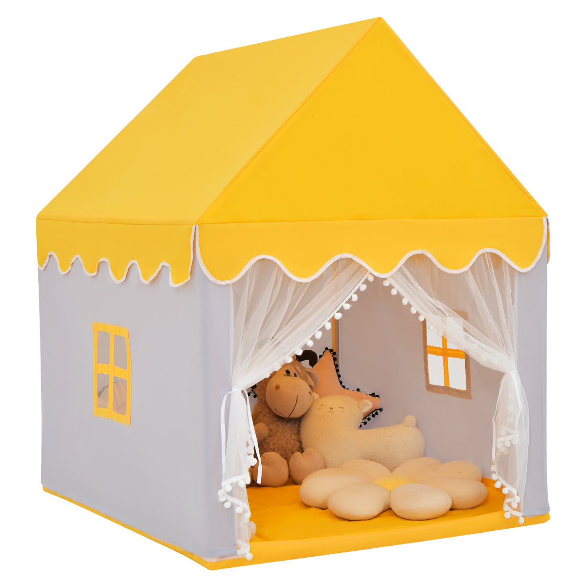 Kids Play Tent with Padded Mat Indoor Playhouse-Yellow, a grey house-shaped tent with a yellow roof and white trim