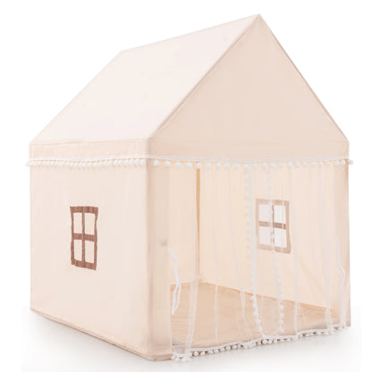 Kids Play Tent with a solid wood frame and a soft padded mat, beige fabric with pom pom trim