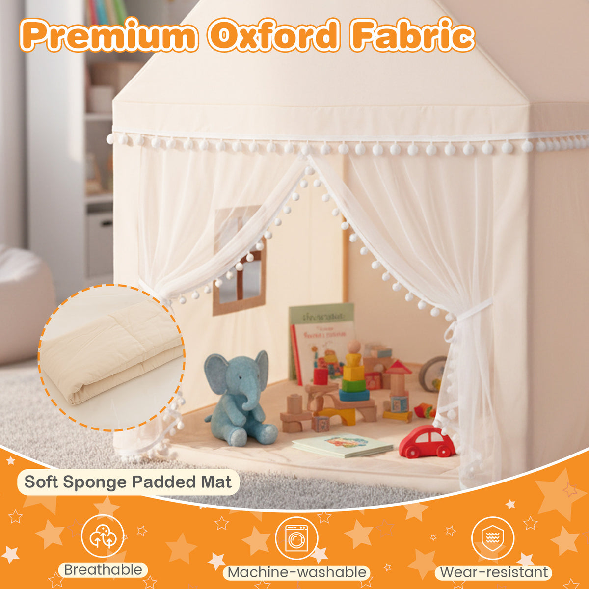 Close up of the soft sponge padded mat and premium Oxford fabric of the play tent