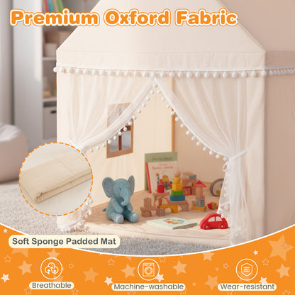 Close up of the soft sponge padded mat and premium Oxford fabric of the play tent