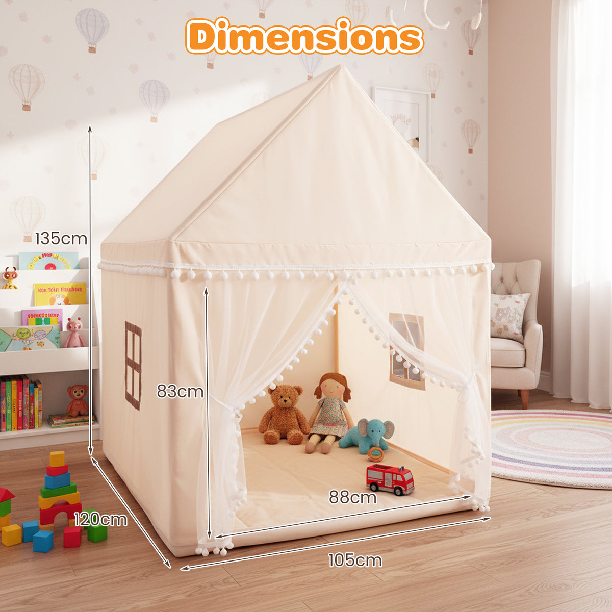 Dimensions of the play tent showing height, width and depth measurements