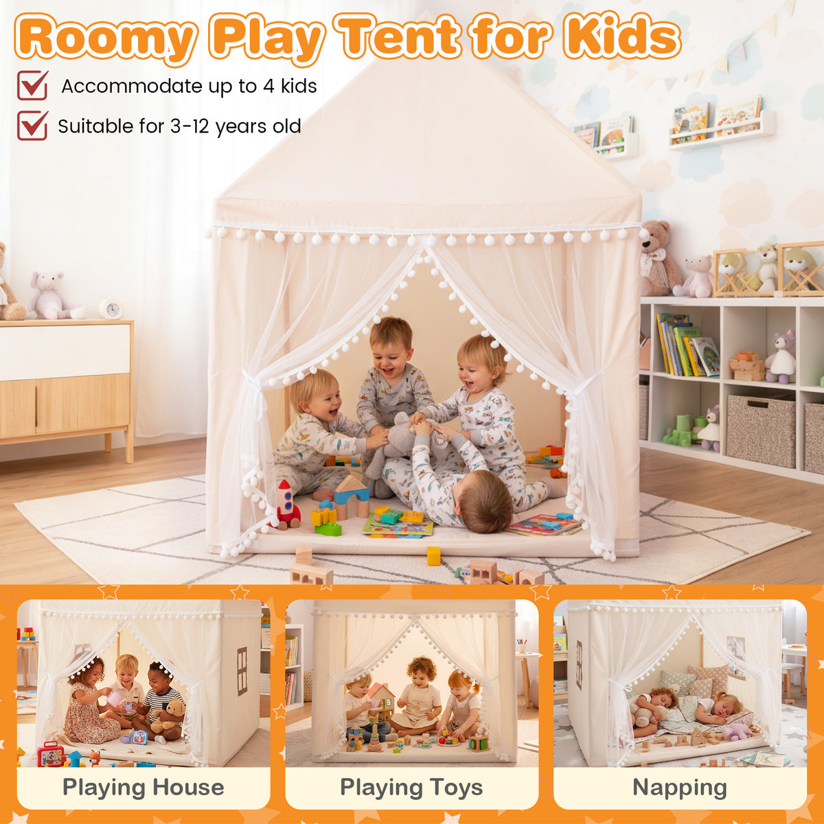 The kids play tent shown in three sections: playing house, playing with toys and napping