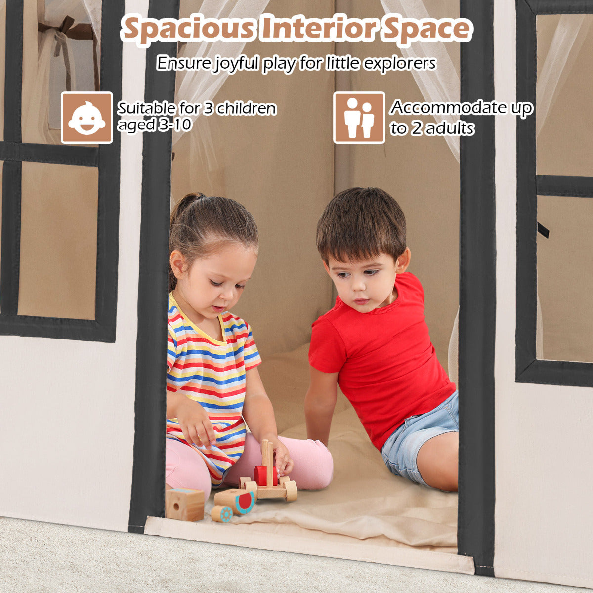 Two children playing inside the beige play tent, which is spacious enough for three explorers