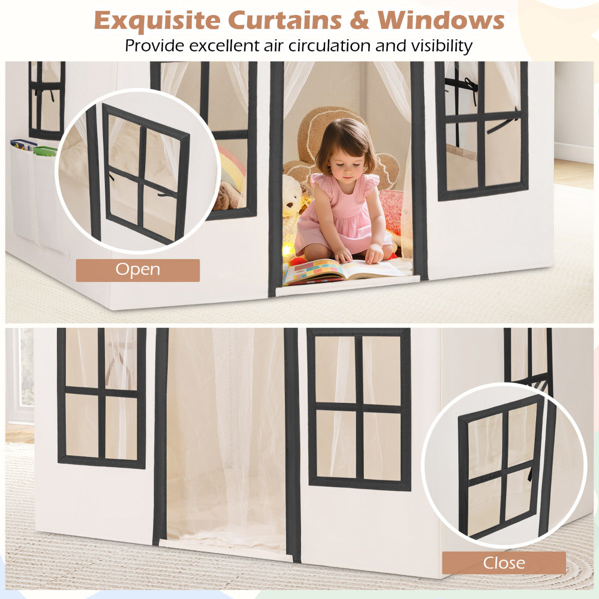 Close-up of the play tent curtains showing them open and closed