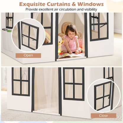 Close-up of the play tent curtains showing them open and closed