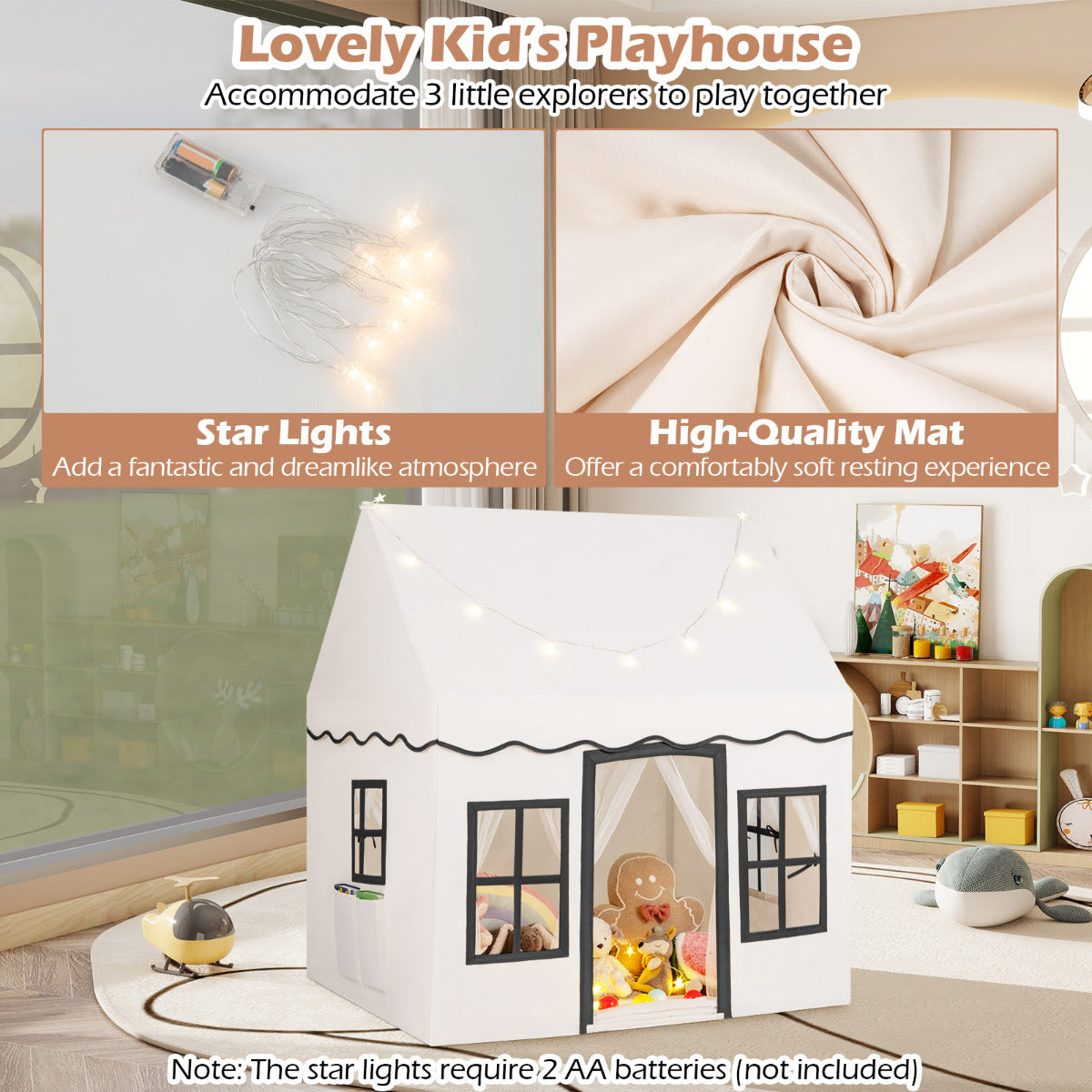 Close-up of star lights and the non-slip mat inside the play tent