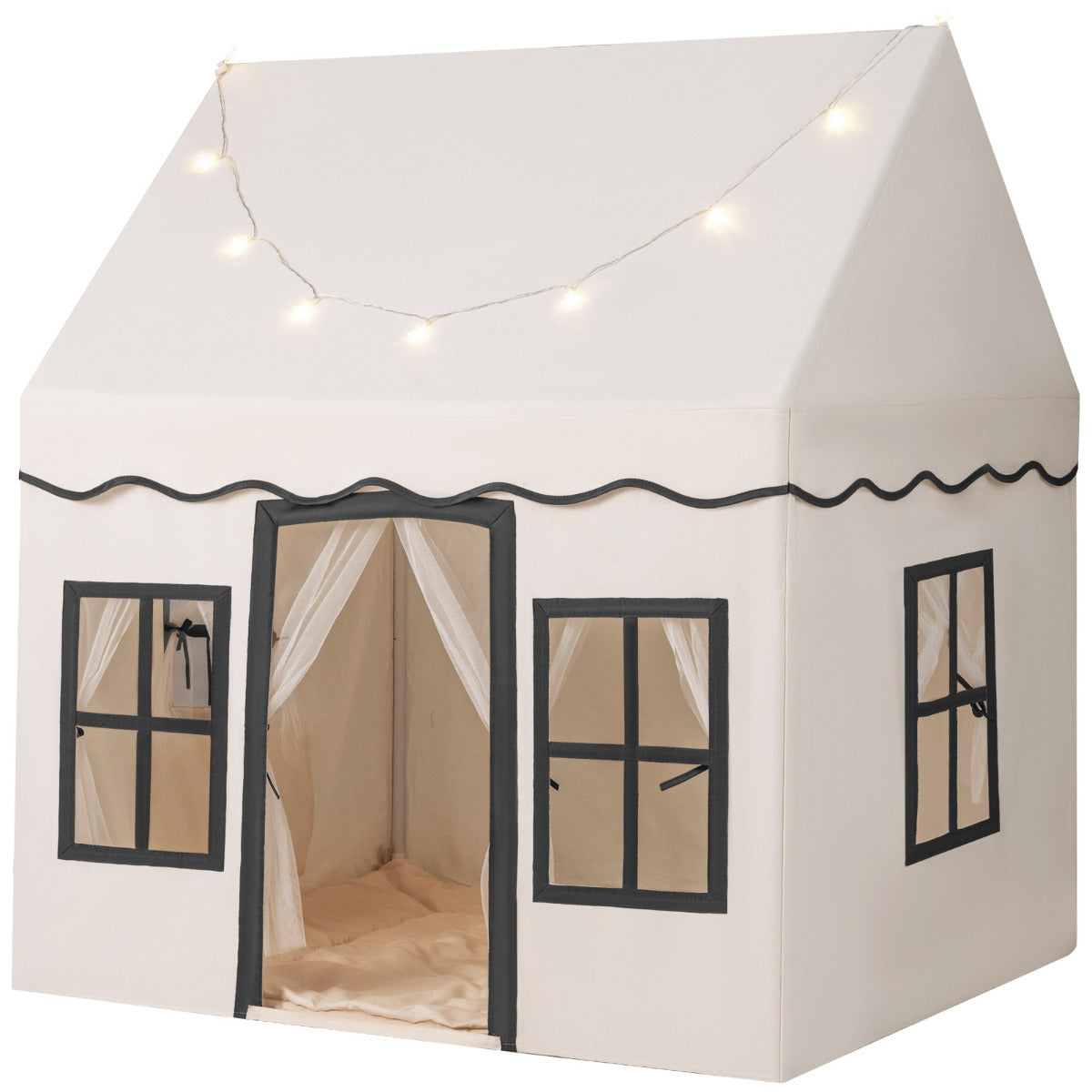 Kids Play Tent with Star Lights and Non-slip Mat, a beige house-shaped tent with black trim and fairy lights