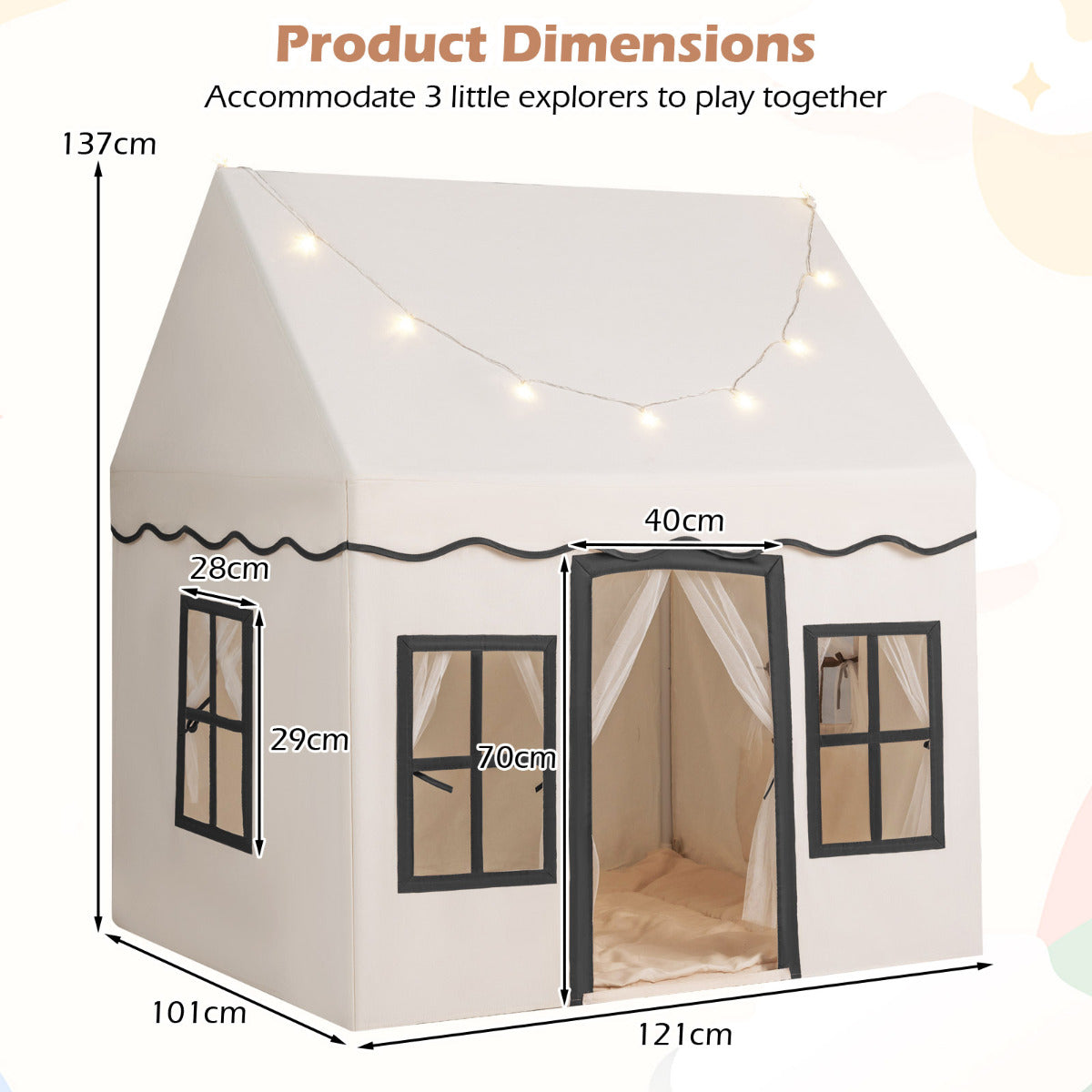 Product dimensions diagram for the beige play tent showing height, width and depth