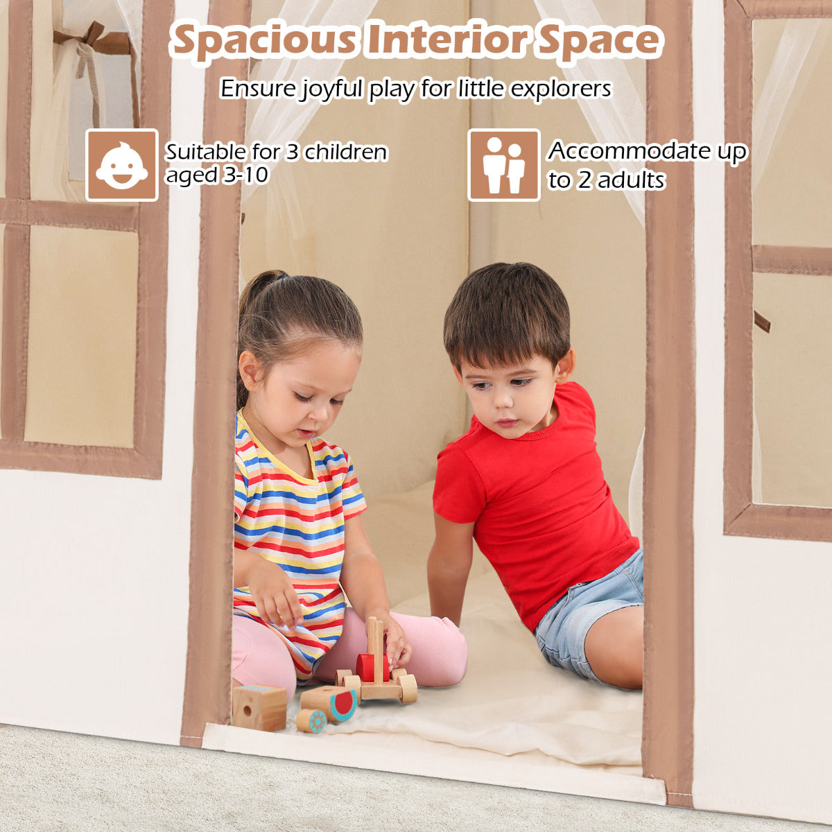 Two children playing inside the spacious play tent