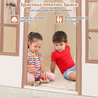 Two children playing inside the spacious play tent