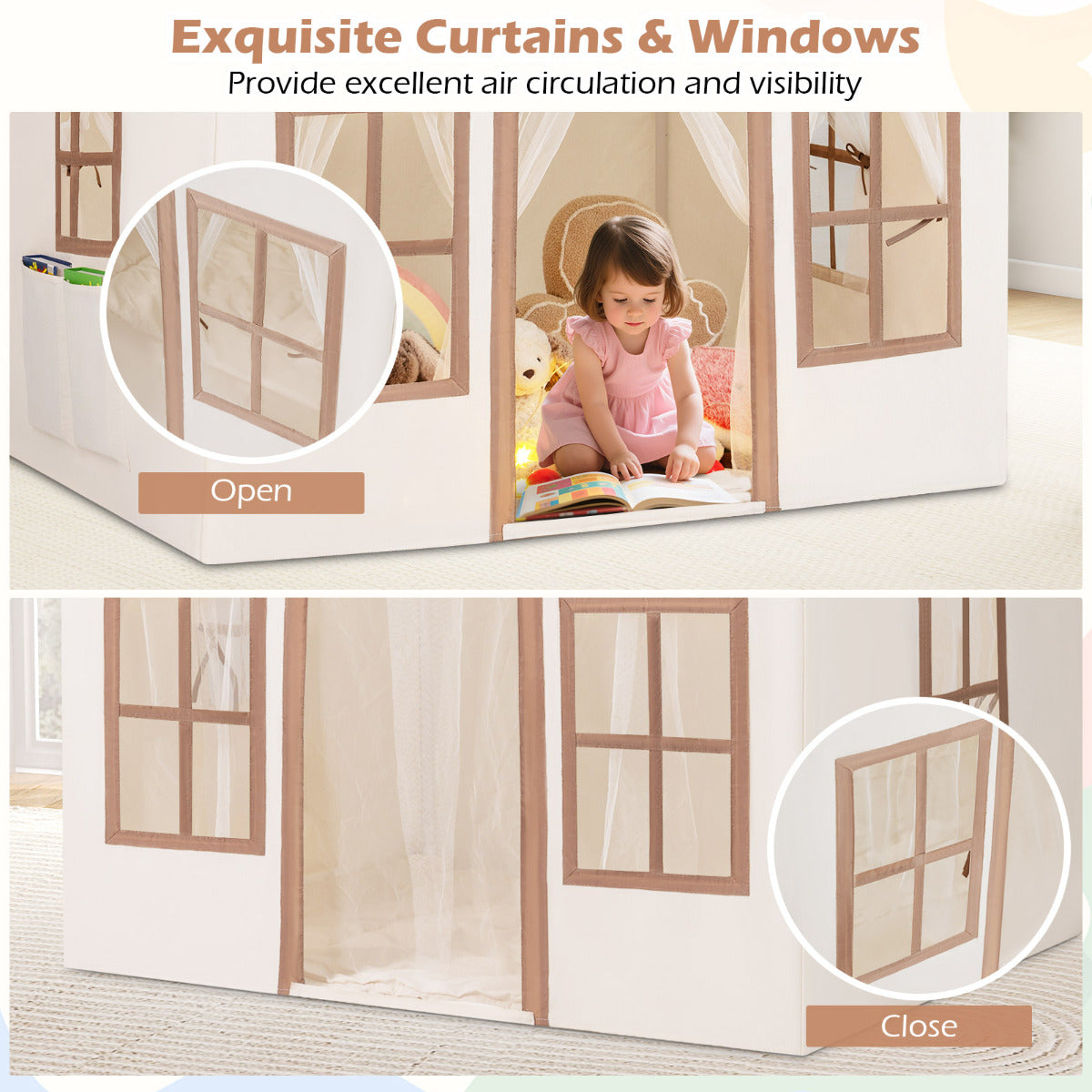 Close-up of the curtains on the play tent windows, showing them open and closed