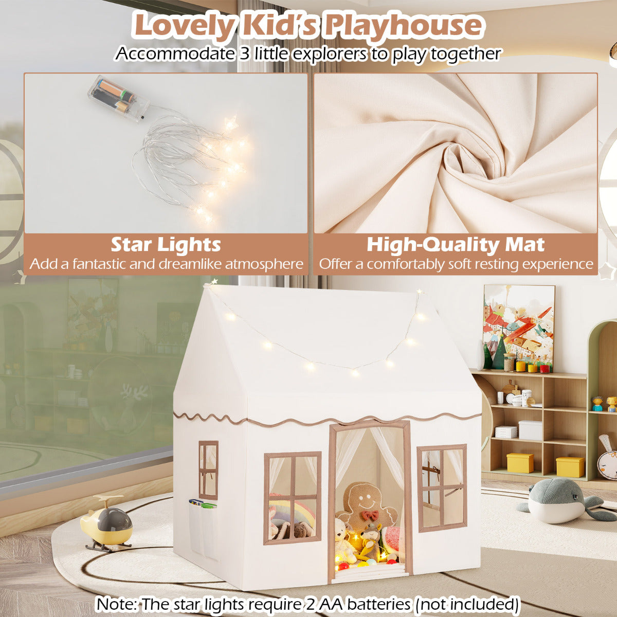 Close-up of the star lights and mat inside the play tent